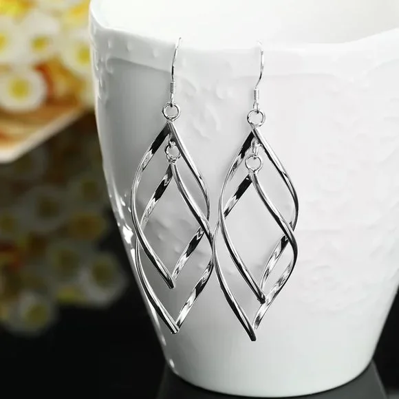 Gorgeous Wavy Drop Earrings Solid Sterling Silver " Hypoallergenic " - Picture 3 of 7